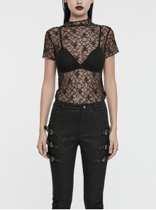 Sexy See Through Black Elastic Skull Mesh Shoulder Alloy Webbing Decoration Punk Style Daily Short Sleeved T-Shirt