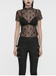 Sexy See Through Black Elastic Skull Mesh Shoulder Alloy Webbing Decoration Punk Style Daily Short Sleeved T-Shirt