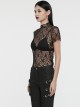Sexy See Through Black Elastic Skull Mesh Shoulder Alloy Webbing Decoration Punk Style Daily Short Sleeved T-Shirt