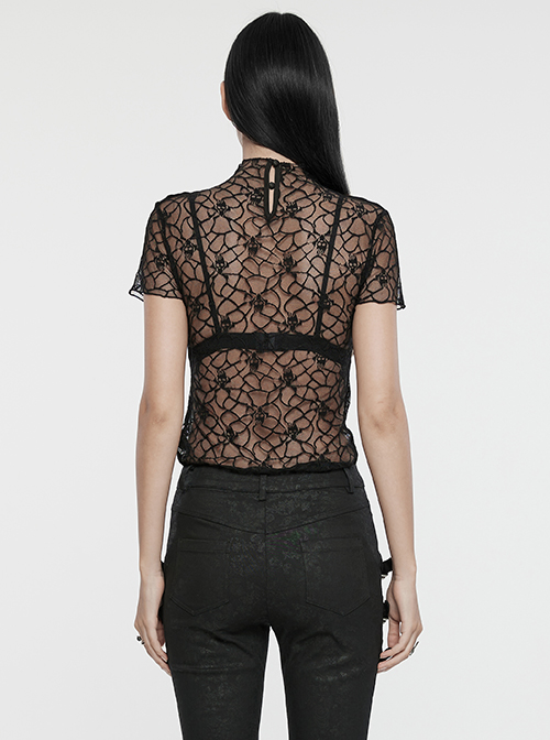Sexy See Through Black Elastic Skull Mesh Shoulder Alloy Webbing Decoration Punk Style Daily Short Sleeved T-Shirt