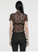 Sexy See Through Black Elastic Skull Mesh Shoulder Alloy Webbing Decoration Punk Style Daily Short Sleeved T-Shirt