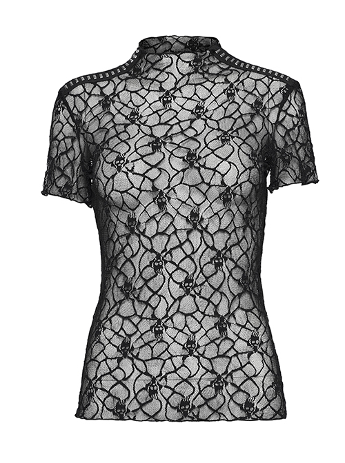 Sexy See Through Black Elastic Skull Mesh Shoulder Alloy Webbing Decoration Punk Style Daily Short Sleeved T-Shirt