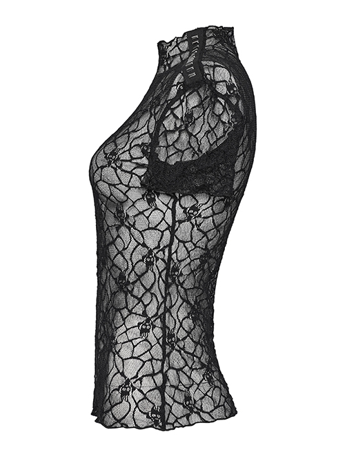 Sexy See Through Black Elastic Skull Mesh Shoulder Alloy Webbing Decoration Punk Style Daily Short Sleeved T-Shirt