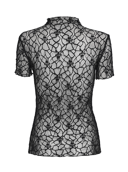 Sexy See Through Black Elastic Skull Mesh Shoulder Alloy Webbing Decoration Punk Style Daily Short Sleeved T-Shirt