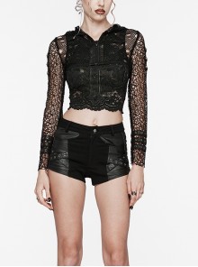 Black Hooded Ripped Mesh Spliced With Cracked Leather Side Tabs And Studs Embellished Punk Style Long Sleeved Short Jacket