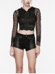 Black Hooded Ripped Mesh Spliced With Cracked Leather Side Tabs And Studs Embellished Punk Style Long Sleeved Short Jacket