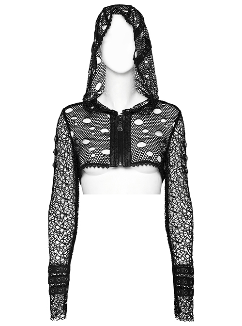 Black Hooded Ripped Mesh Spliced With Cracked Leather Side Tabs And Studs Embellished Punk Style Long Sleeved Short Jacket