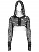 Black Hooded Ripped Mesh Spliced With Cracked Leather Side Tabs And Studs Embellished Punk Style Long Sleeved Short Jacket