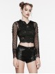 Black Hooded Ripped Mesh Spliced With Cracked Leather Side Tabs And Studs Embellished Punk Style Long Sleeved Short Jacket