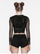 Black Hooded Ripped Mesh Spliced With Cracked Leather Side Tabs And Studs Embellished Punk Style Long Sleeved Short Jacket