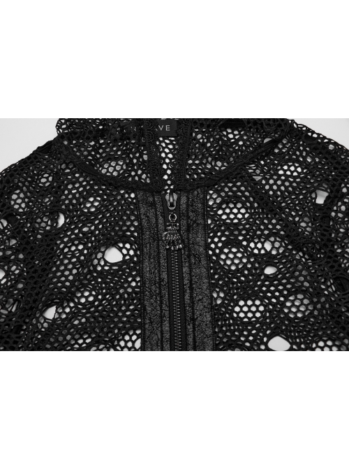 Black Hooded Ripped Mesh Spliced With Cracked Leather Side Tabs And Studs Embellished Punk Style Long Sleeved Short Jacket