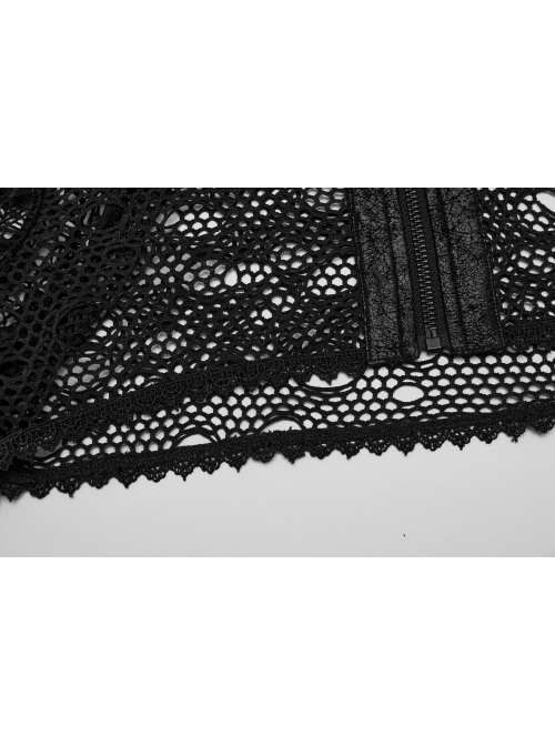 Black Hooded Ripped Mesh Spliced With Cracked Leather Side Tabs And Studs Embellished Punk Style Long Sleeved Short Jacket