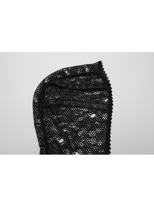 Black Hooded Ripped Mesh Spliced With Cracked Leather Side Tabs And Studs Embellished Punk Style Long Sleeved Short Jacket