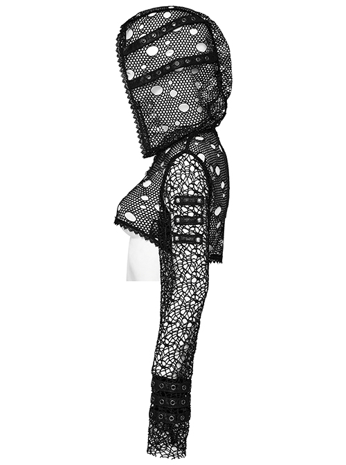 Black Hooded Ripped Mesh Spliced With Cracked Leather Side Tabs And Studs Embellished Punk Style Long Sleeved Short Jacket