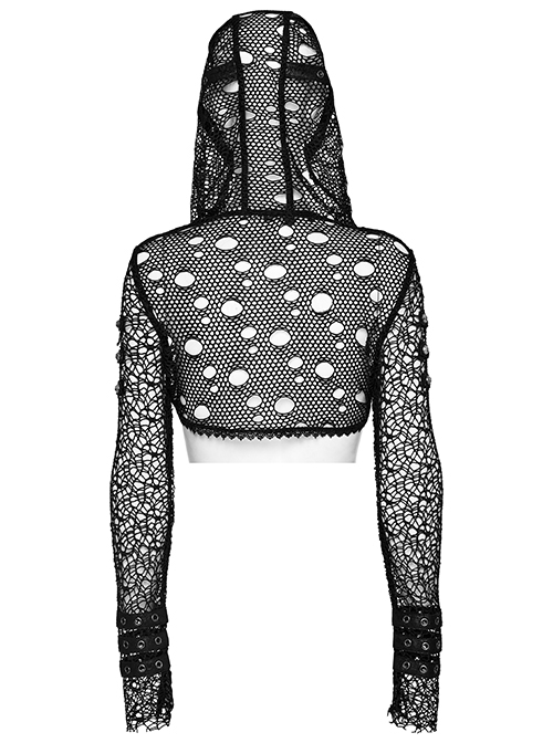 Black Hooded Ripped Mesh Spliced With Cracked Leather Side Tabs And Studs Embellished Punk Style Long Sleeved Short Jacket