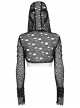 Black Hooded Ripped Mesh Spliced With Cracked Leather Side Tabs And Studs Embellished Punk Style Long Sleeved Short Jacket