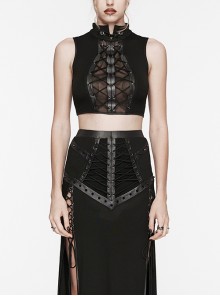 Sexy Black Stretch Knitted Front Chest See Through Mesh With Eyelet String Punk Style Stand Up Collar Sleeveless Vest