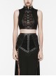 Sexy Black Stretch Knitted Front Chest See Through Mesh With Eyelet String Punk Style Stand Up Collar Sleeveless Vest