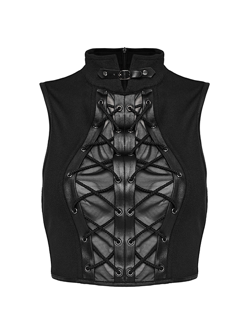 Sexy Black Stretch Knitted Front Chest See Through Mesh With Eyelet String Punk Style Stand Up Collar Sleeveless Vest