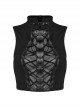 Sexy Black Stretch Knitted Front Chest See Through Mesh With Eyelet String Punk Style Stand Up Collar Sleeveless Vest