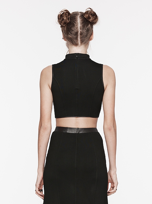 Sexy Black Stretch Knitted Front Chest See Through Mesh With Eyelet String Punk Style Stand Up Collar Sleeveless Vest