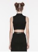 Sexy Black Stretch Knitted Front Chest See Through Mesh With Eyelet String Punk Style Stand Up Collar Sleeveless Vest