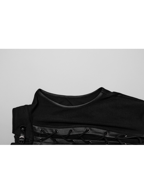 Sexy Black Stretch Knitted Front Chest See Through Mesh With Eyelet String Punk Style Stand Up Collar Sleeveless Vest