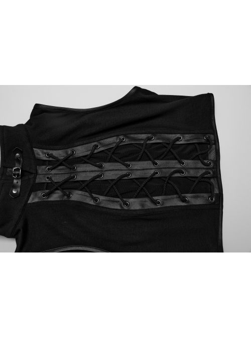 Sexy Black Stretch Knitted Front Chest See Through Mesh With Eyelet String Punk Style Stand Up Collar Sleeveless Vest