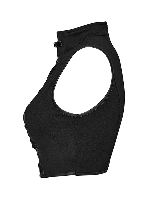Sexy Black Stretch Knitted Front Chest See Through Mesh With Eyelet String Punk Style Stand Up Collar Sleeveless Vest