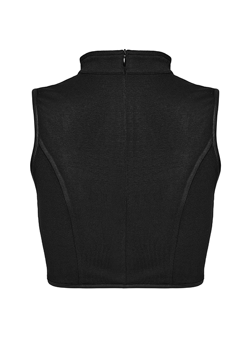 Sexy Black Stretch Knitted Front Chest See Through Mesh With Eyelet String Punk Style Stand Up Collar Sleeveless Vest