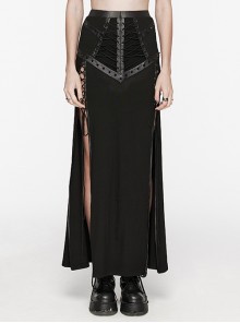 Black Sexy Side Slit Tie Front Center See Through Mesh Patchwork Punk Style Knitted Skirt