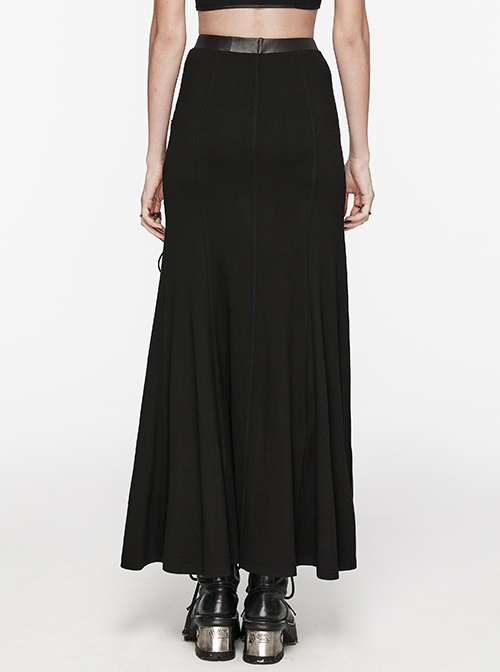 Black Sexy Side Slit Tie Front Center See Through Mesh Patchwork Punk Style Knitted Skirt