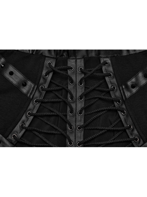 Black Sexy Side Slit Tie Front Center See Through Mesh Patchwork Punk Style Knitted Skirt