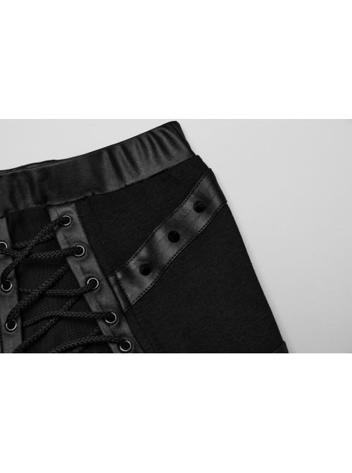 Black Sexy Side Slit Tie Front Center See Through Mesh Patchwork Punk Style Knitted Skirt