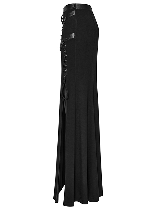 Black Sexy Side Slit Tie Front Center See Through Mesh Patchwork Punk Style Knitted Skirt