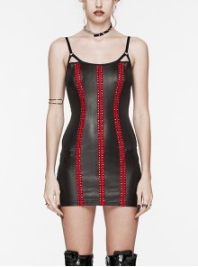Sexy Black And Red Laminated Front And Back Studded Webbing Decoration Punk Style Adjustable Suspender Dress