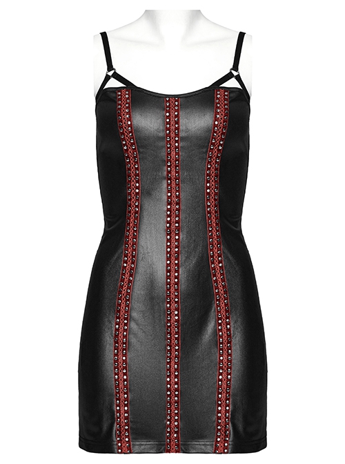 Sexy Black And Red Laminated Front And Back Studded Webbing Decoration Punk Style Adjustable Suspender Dress