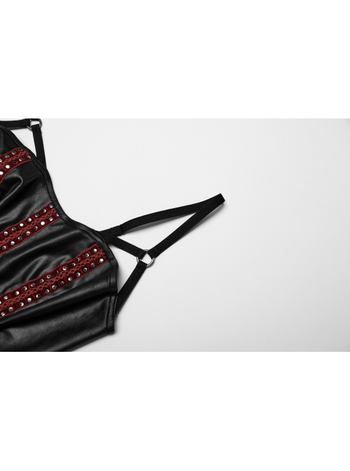 Sexy Black And Red Laminated Front And Back Studded Webbing Decoration Punk Style Adjustable Suspender Dress