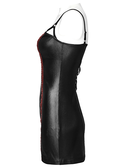 Sexy Black And Red Laminated Front And Back Studded Webbing Decoration Punk Style Adjustable Suspender Dress