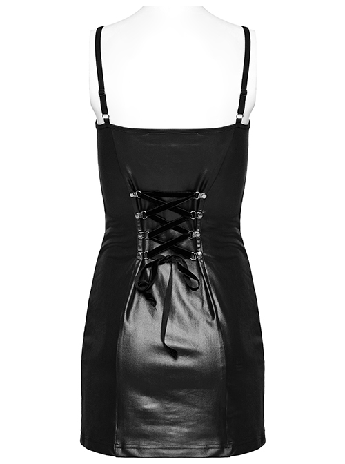 Sexy Black And Red Laminated Front And Back Studded Webbing Decoration Punk Style Adjustable Suspender Dress