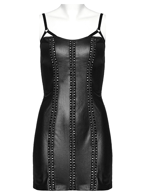 Sexy Black Laminated Front And Back Studded Webbing Decoration Punk Style Adjustable Suspender Dress