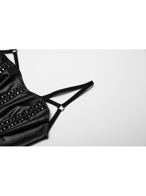 Sexy Black Laminated Front And Back Studded Webbing Decoration Punk Style Adjustable Suspender Dress