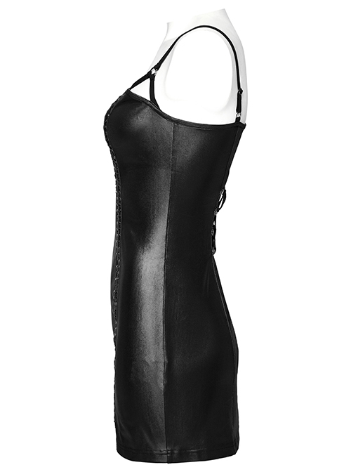 Sexy Black Laminated Front And Back Studded Webbing Decoration Punk Style Adjustable Suspender Dress