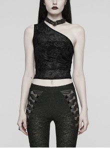 Asymmetrical Black Sexy Off Shoulder Printed Mesh And Rubber Punk Style Choker Vest