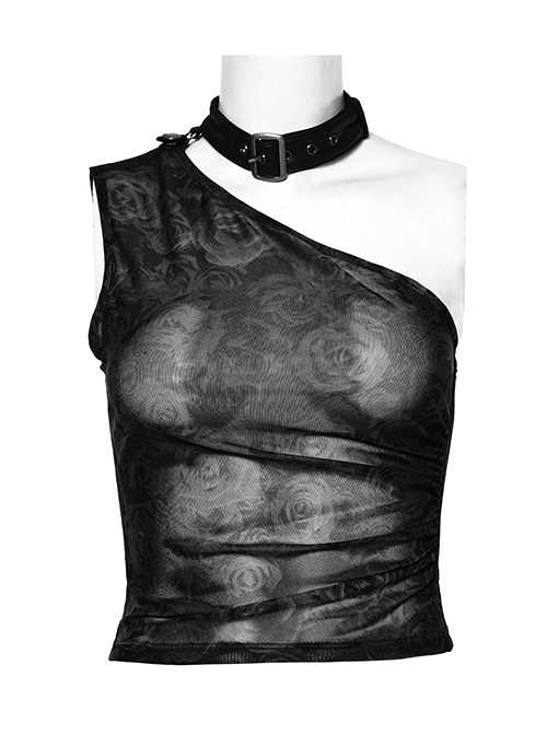 Asymmetrical Black Sexy Off Shoulder Printed Mesh And Rubber Punk Style Choker Vest