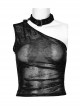 Asymmetrical Black Sexy Off Shoulder Printed Mesh And Rubber Punk Style Choker Vest