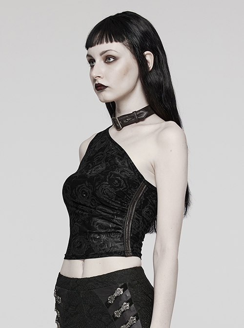 Asymmetrical Black Sexy Off Shoulder Printed Mesh And Rubber Punk Style Choker Vest