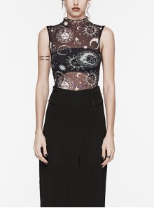 Black Starry Sky Print Pattern Slightly See Through Turtleneck Stretch Mesh Gothic Style Sleeveless Daily T-Shirt