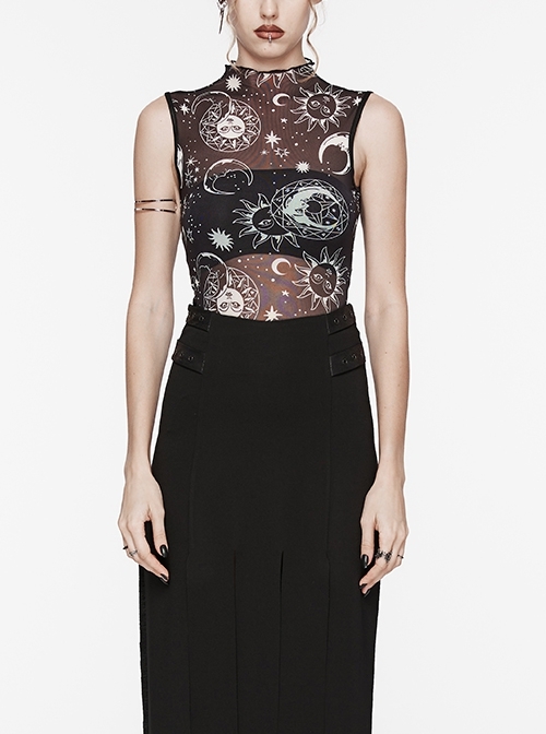 Black Starry Sky Print Pattern Slightly See Through Turtleneck Stretch Mesh Gothic Style Sleeveless Daily T-Shirt