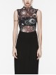 Black Starry Sky Print Pattern Slightly See Through Turtleneck Stretch Mesh Gothic Style Sleeveless Daily T-Shirt